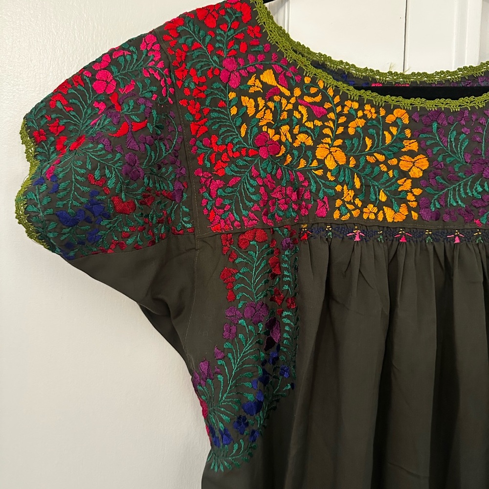 Colorful Mexican Embroidered Maxi Dress Olive Green - Picture 2 of 5